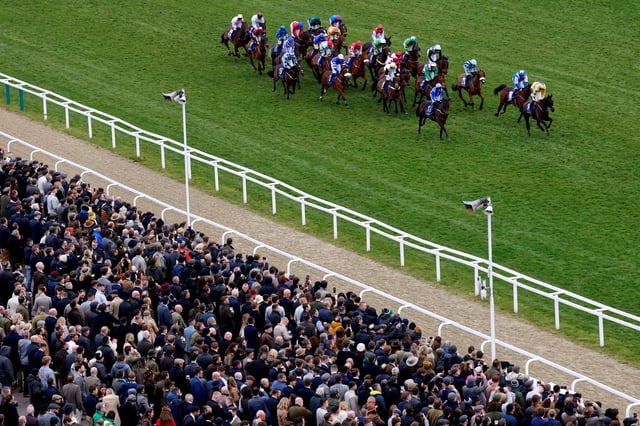 Horse Racing - Cheltenham Festival - Cheltenham Racecourse, Cheltenham, Britain - March 12, 2025 General view during the 14:40 Coral Cup Handicap Hurdle REUTERS/Peter Cziborra