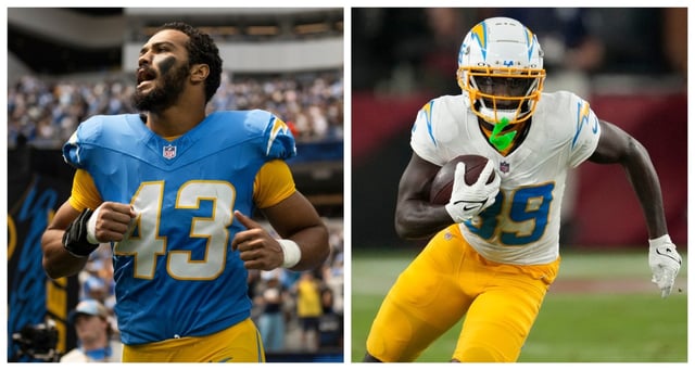 The Chargers agreed on new contracts with linebacker Troy Dye, left, and wide receiver Jalen Reagor on Wednesday, March 12, 2025. (Photos by The Associated Press)