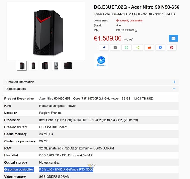 An image about Acer teases new desktop gaming PC with NVIDIA's unannounced GeForce RTX 5060 8GB GDDR7 card