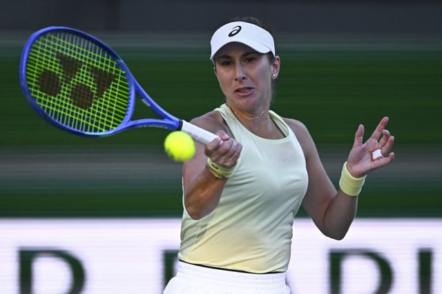 Mar 8, 2025; Indian Wells, CA, USA; Belinda Bencic (SUI) hits a ball against Amanda Anisimova (USA) at Indian Well Tennis Garden. Mandatory Credit: Jonathan Hui-Imagn Images/File Photo