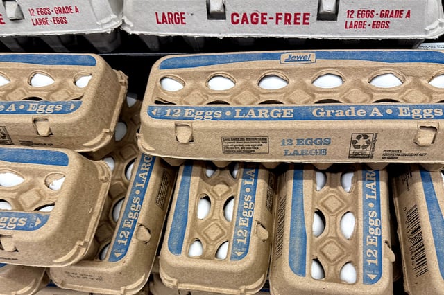 Eggs are offered for sale at a store on March 12, 2025 in Chicago. The average price of eggs rose over 10 percent last month.