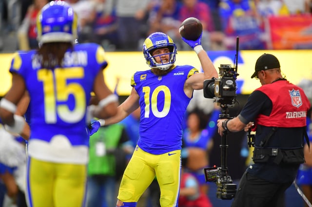 Dec 8, 2024; Inglewood, California, USA; Los Angeles Rams wide receiver Cooper Kupp (10) reacts after making a catch against the Buffalo Bills during the second half at SoFi Stadium. Mandatory Credit: Gary A. Vasquez-Imagn Images/File Photo