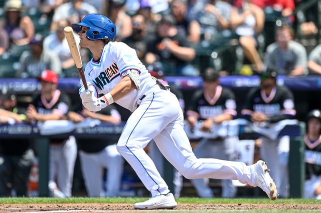 Bobby Witt Jr. #7 of the American League Futures Team bats against the National League Futures Team at Coors Field on July 11, 2021 in Denver, Colorado.