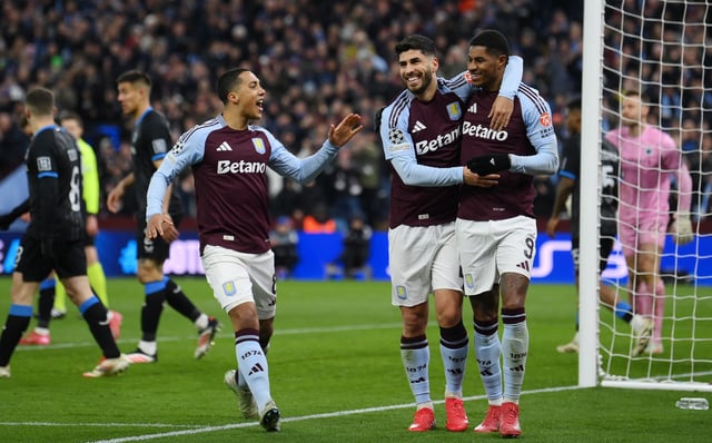 Soccer Football - Champions League - Round of 16 - Second Leg - Aston Villa v Club Brugge - Villa Park, Birmingham, Britain - March 12, 2025 Aston Villa's Marco Asensio celebrates scoring their third goal with Aston Villa's Marcus Rashford and Aston Villa's Youri Tielemans REUTERS/Jaimi Joy