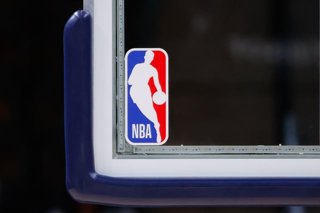 The NBA logo is seen on a backboard before the game between the Denver Nuggets and the Utah Jazz at Ball Arena on October 30, 2023 in Denver, Colorado.