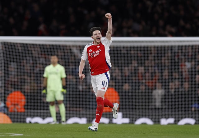 Soccer Football - Champions League - Round of 16 - Second Leg - Arsenal v PSV Eindhoven - Emirates Stadium, London, Britain - March 12, 2025 Arsenal's Declan Rice celebrates scoring their second goal Action Images via Reuters/Andrew Couldridge