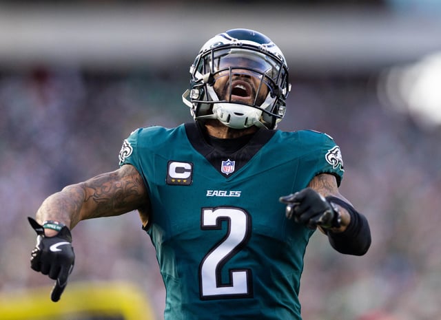 Dec 8, 2024; Philadelphia, Pennsylvania, USA;  Philadelphia Eagles cornerback Darius Slay Jr. (2) reacts after a defensive stop against the Carolina Panthers during the fourth quarter at Lincoln Financial Field. Mandatory Credit: Bill Streicher-Imagn Images/File Photo