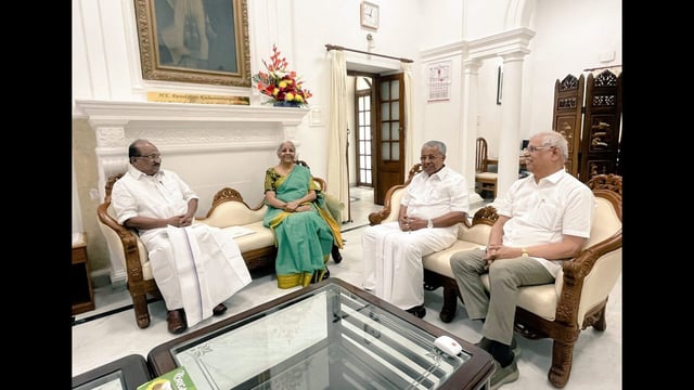 Kerala governor Rajendra Arlekar, Union finance minister Nirmala Sitharaman, Kerala CM Pinarayi Vijayan and minister KV Thomas, special representative of Kerala Government in Delhi, hold a meeting at Kerala House in New Delhi on Wednesday. (PTI)