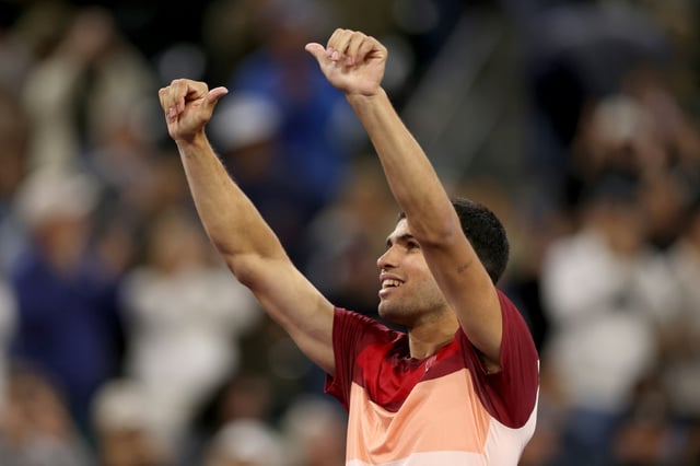 Spain's Carlos Alcaraz celebrates his fourth-round victory over Grigor Dimitrov at Indian Wells