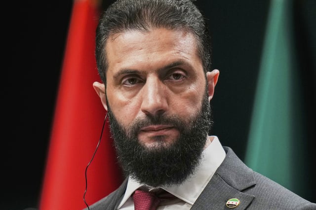 FILE - Syria's interim President Ahmad al-Sharaa, looks on during a joint press conference with Turkish President Recep Tayyip Erdogan at the presidential palace in Ankara, Turkey, Feb. 4, 2025. (AP Photo/Francisco Seco, File)