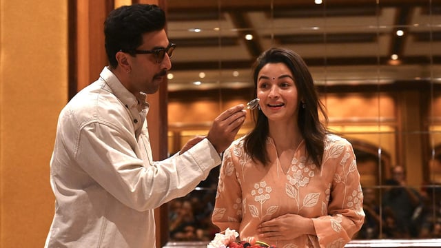 Ranbir Kapoor and Alia Bhatt at latter's birthday celebration with the media