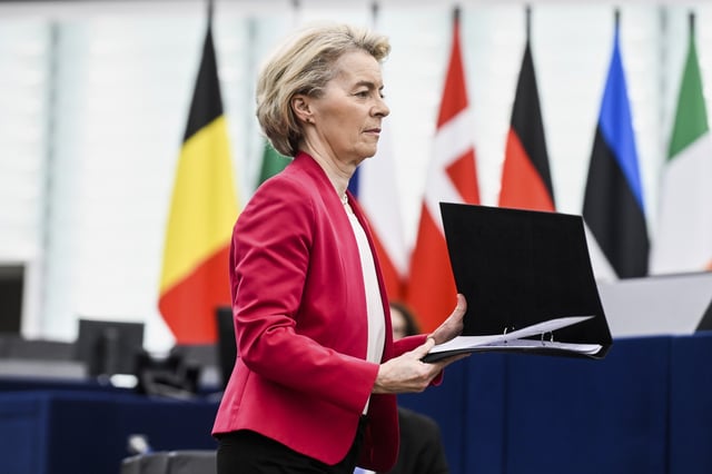 European Commission president Ursula von der Leyen walks to brief European Parliament members on new plans to ramp up defense spending agreed at last week's summit, Tuesday, March 11, 2025 at the European Parliament in Strasbourg, eastern France. (AP Photo/Pascal Bastien)