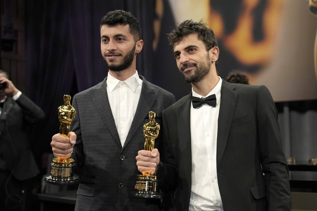 Basel Adra, left, and Yuval Abraham, winners of the award for best documentary feature film for &#34;No Other Land,&#34; the Governors Ball after the Oscars on Sunday, March 2, 2025, in Los Angeles.