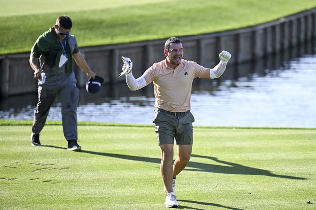 PONTE VEDRA BEACH, FLORIDA - MARCH 12: Alejandro Tosti of Argentina reacts after making a hole-in-one on the 17th hole prior to THE PLAYERS Championship 2025 at TPC Sawgrass on March 12, 2025 in Ponte Vedra Beach, Florida. (Photo by Keyur Khamar/PGA TOUR via Getty Images)