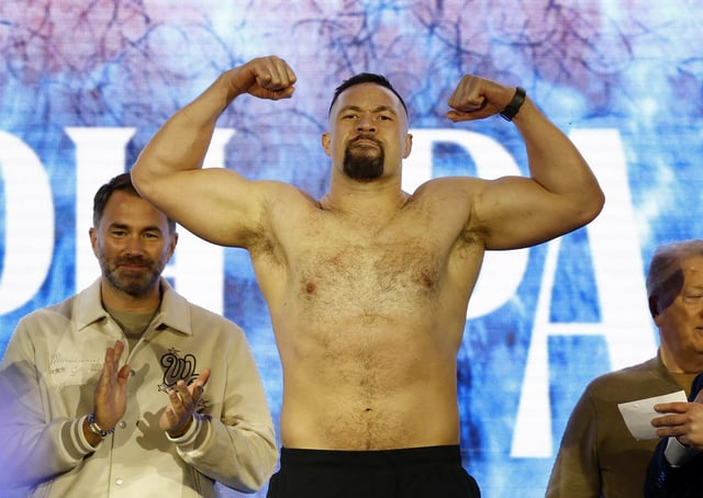 Boxing - Light Heavy Championship - Artur Beterbiev v Dmitrii Bivol - Weigh-In - Boulevard City, Riyadh, Saudi Arabia - February 21, 2025 Joseph Parker during the Weigh-In as promoter Eddie Hearn looks on REUTERS/Hamad I Mohammed/File Photo