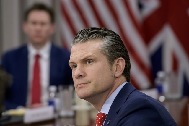Defense Secretary Pete Hegseth responds to questions from reporters during a meeting with Britain&#39;s Defense Secretary John Healey at the Pentagon, Thursday, March 6, 2025, in Washington.