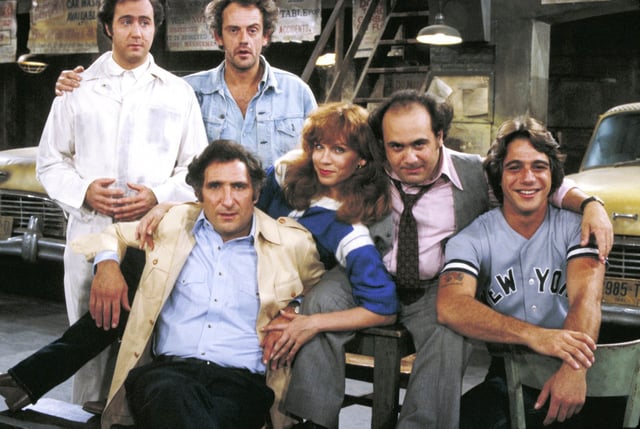 The cast of "Taxi" — top row: Andy Kaufman (left) and Christopher Lloyd (right); bottom row, left to right: Judd Hirsch, Marilu Henner, Danny DeVito and Tony Danza.