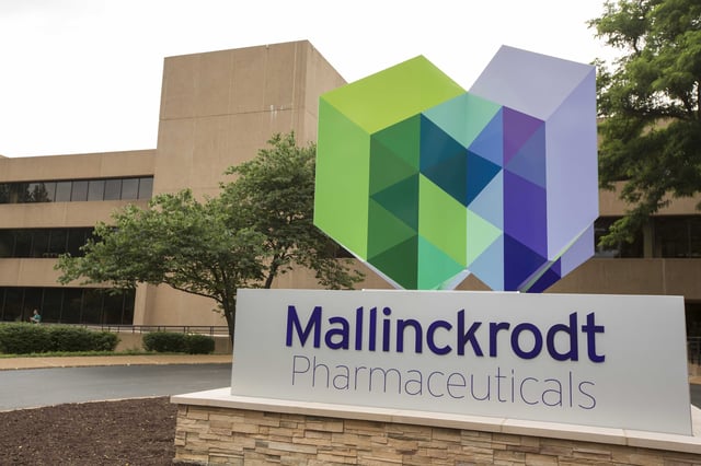 FILE - This July 1, 2013, file photo, shows the exterior of the Mallinckrodt Pharmaceuticals office in St. Louis. (Whitney Curtis/AP Images for Mallinckrodt, File)