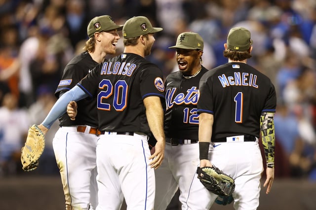 Pete Alonso #20, Brett Baty #22, Francisco Lindor #12 and Jeff McNeil #1 of the New York Mets celebrate after a 2-1 victory against the Cleveland Guardians at Citi Field, in game two of a doubleheader on May 21, 2023 in New York City.