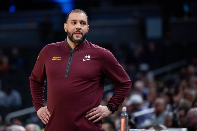 Mar 12, 2025; Indianapolis, IN, USA;  sMinnesota Golden Gophers head coach Ben Johnson  in the second half against the Northwestern Wildcats  at Gainbridge Fieldhouse. Mandatory Credit: Trevor Ruszkowski-Imagn Images/File Photo