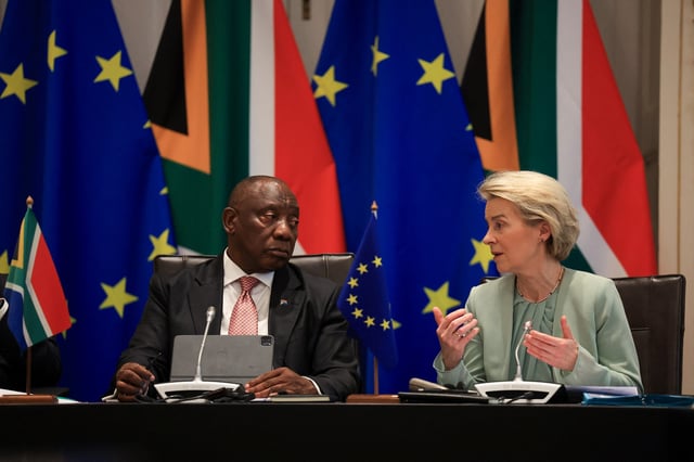 South Africa's President Cyril Ramaphosa and European Commission President Ursula von der Leyen, attend the 8th EU-South Africa summit, in Cape Town, South Africa, March 13, 2025. REUTERS/Esa Alexander