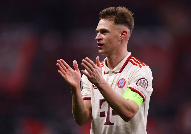 Soccer Football - Champions League - Round of 16 - Second Leg - Bayer Leverkusen v Bayern Munich - BayArena, Leverkusen, Germany - March 11, 2025 Bayern Munich's Joshua Kimmich celebrates after winning the match REUTERS/Thilo Schmuelgen/File Photo
