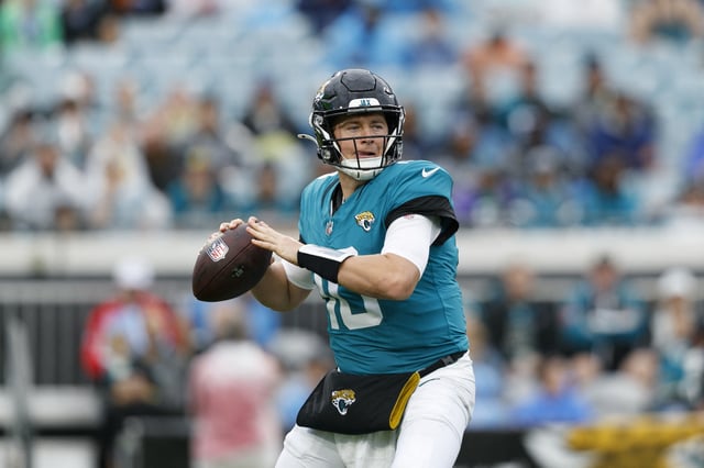 Dec 29, 2024; Jacksonville, Florida, USA; Jacksonville Jaguars quarterback Mac Jones (10) looks for a pass against the Tennessee Titans during the fourth quarter at EverBank Stadium. Mandatory Credit: Morgan Tencza-Imagn Images/File Photo
