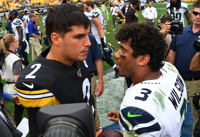 PITTSBURGH, PA - SEPTEMBER 15: Russell Wilson #3 of the Seattle Seahawks is congratulated by Mason Rudolph #2 of the Pittsburgh Steelers after Seattle&#39;s 28-26 win at Heinz Field on September 15, 2019 in Pittsburgh, Pennsylvania.