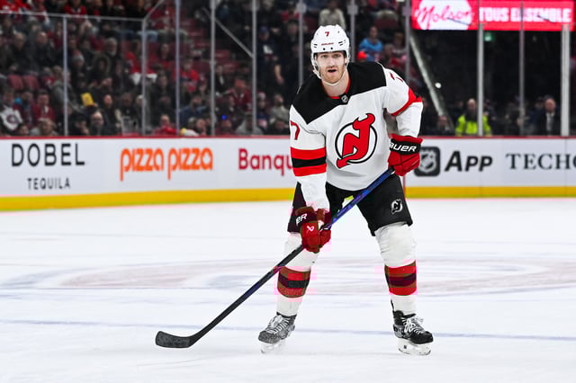 Feb 8, 2025; Montreal, Quebec, CAN; New Jersey Devils defenseman Dougie Hamilton (7) tracks the play against the Montreal Canadiens during the third period at Bell Centre. Mandatory Credit: David Kirouac-Imagn Images/File Photo