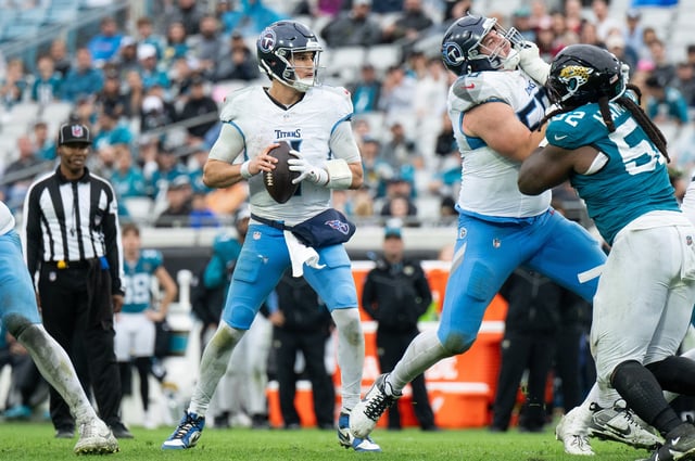 Dec 29, 2024; Jacksonville, Florida, USA; Tennessee Titans quarterback Mason Rudolph (11) gets ready to throw the ball against the Jacksonville Jaguars in the fourth quarter at EverBank Stadium. Mandatory Credit: Jeremy Reper-Imagn Images/File Photo