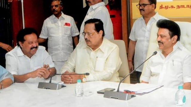 Tamil Nadu chief minister MK Stalin, state water resources minister Thiru Duraimurugan (Center), party MPs TR Baalu and others attend Dravida Munnetra Kazhagam (DMK) MPs meeting at party headquarters in Chennai.