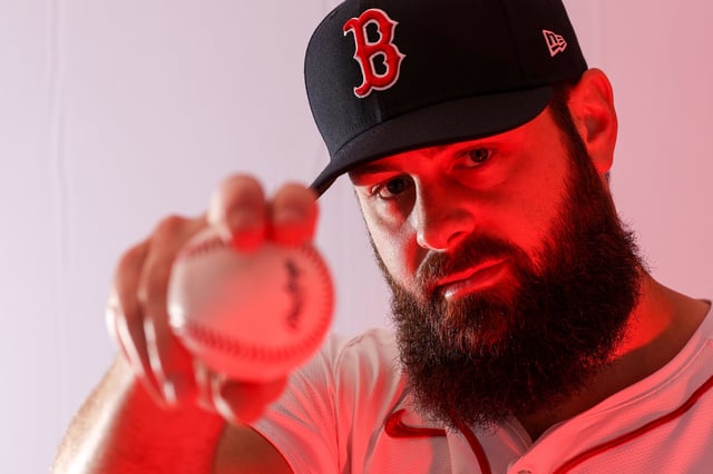 Feb 18, 2025; Lee County, FL, USA; Boston Red Sox pitcher Lucas Giolito (54) participates in media day at JetBlue Park at Fenway South. Mandatory Credit: Nathan Ray Seebeck-Imagn Images/File Photo