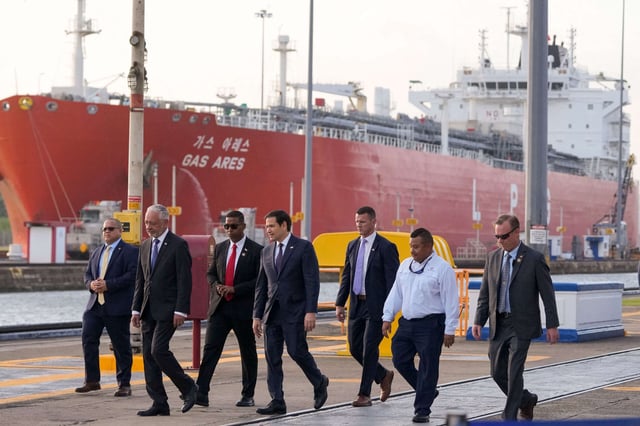 U.S. Secretary of State Marco Rubio (fourth from the left) talks to Panama Canal Authority Administrator Ricaurte Vásquez Morales (second from the left) during a tour at the Miraflores locks of the Panama Canal in Panama City on February 2, 2025.