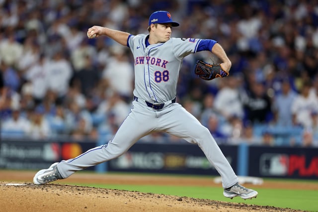LOS ANGELES, CALIFORNIA - OCTOBER 20: Phil Maton #88 of the New York Mets pitches during the 3rd inning of Game Six of the National League Championship Series against the Los Angeles Dodgers at Dodger Stadium on October 20, 2024 in Los Angeles, California.