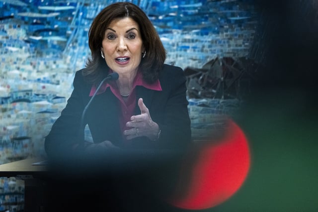 New York Gov. Kathy Hochul speaks during a Metropolitan Transportation Authority Board&#39;s meeting at Grand Central Madison on February 26, 2025 in New York City.