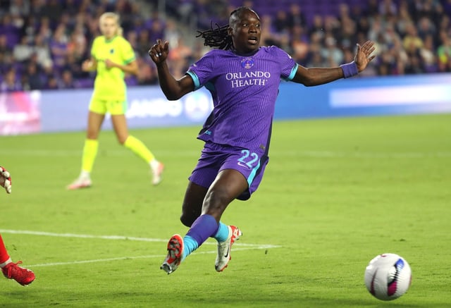 Orlando player Barbra Banda moves the ball during the NWSL Challenge Cup 2025 soccer match of Orlando Pride vs. Washington Spirit at Inter&amp;Co Stadium in Orlando on Friday, March 7, 2025. Washington won the match 1-1 in penalty kicks. (Stephen M. Dowell/Orlando Sentinel)