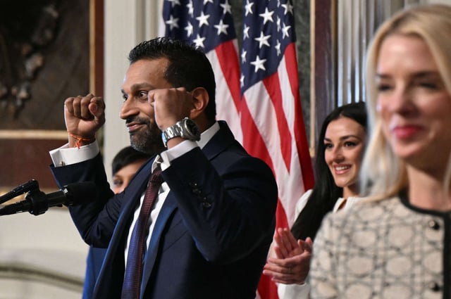 U.S. Attorney General Pam Bondi (right) swears in Kash Patel as FBI Director in the Indian Treaty Room at the Eisenhower Executive Office Building in Washington D.C., On February 21, 2025.