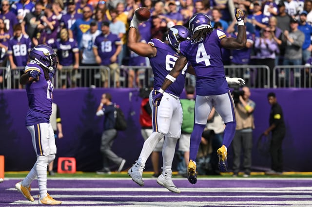 Sep 25, 2022; Minneapolis, Minnesota, USA; Minnesota Vikings running back Dalvin Cook (4) and wide receiver K.J. Osborn (left) and guard Ed Ingram (67) react after a touchdown against the Detroit Lions during the second quarter at U.S. Bank Stadium. Mandatory Credit: Jeffrey Becker-USA TODAY Sports/File Photo