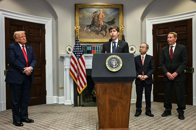 President Donald Trump, Masayoshi Son, second right, Chairman and CEO of SoftBank Group Corp, Larry Ellison, right, Executive Charmain Oracle listen to Sam Altman, CEO of Open AI speak in the Roosevelt Room of the White House on Jan. 21, 2025.
