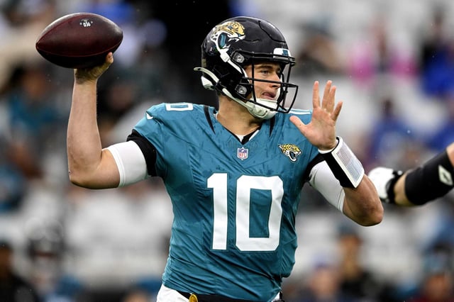 Jacksonville Jaguars quarterback Mac Jones (10) looks to throw a pass during the first half of an NFL football game against the Tennessee Titans, Sunday, Dec. 29, 2024, in Jacksonville, Fla.
