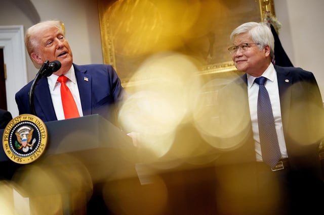 Taiwan Semiconductor Manufacturing Company (TSMC) CEO C.C. Wei joins a press conference with President Donald Trump n the Roosevelt Room of the White House on March 3, 2025. Trump announced that Taiwan Semiconductor Manufacturing Company, one of the largest manufacturers of semiconductor chips, plans to invest $100 billion in new manufacturing facilities in the United States. (Photo by Andrew Harnik/Getty Images)