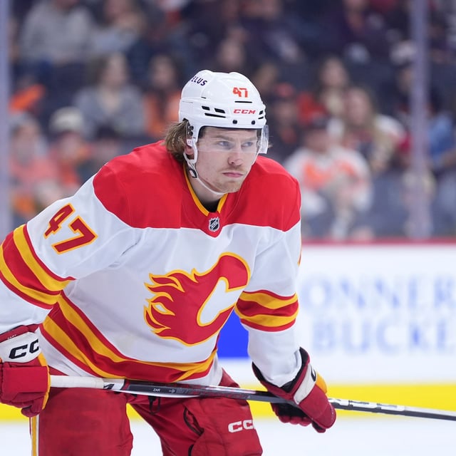 Calgary Flames forward Connor Zary plays during an NHL game on Tuesday, March 4, 2025, in Philadelphia. (AP Photo/Matt Slocum)
