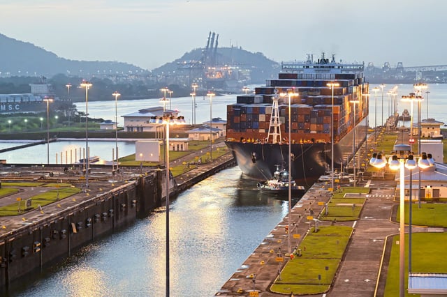 A cargo ship transits through Panama Canal Cocoli locks in Panama City on February 21, 2025.