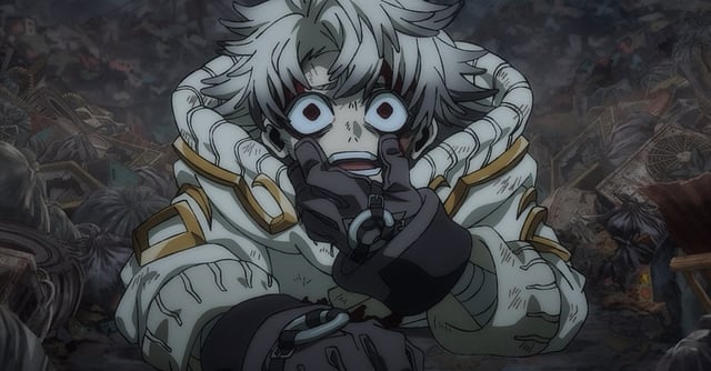 Rudo, a young man in a large, high-collared coat and black gloves, peels his eyes open grotesquely in a still from Gachiakuta.