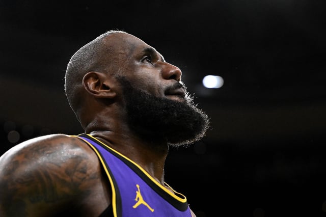 Los Angeles Lakers foward LeBron James looks into the crowd during a game agains the Boston Celtics on March 8, 2025.