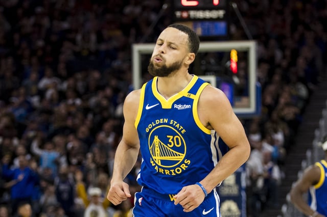 Mar 10, 2025; San Francisco, California, USA; Golden State Warriors guard Stephen Curry (30) reacts after hitting a three-point shot against the Portland Trail Blazers during the third quarter at Chase Center. Mandatory Credit: John Hefti-Imagn Images/File Photo