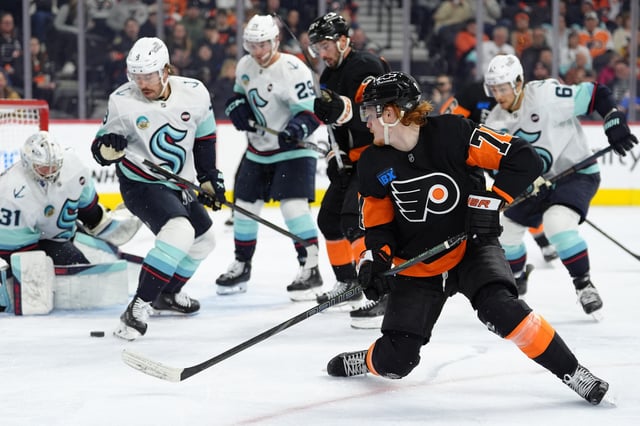 Mar 8, 2025; Philadelphia, Pennsylvania, USA; Philadelphia Flyers right wing Owen Tippett (74) shoots the puck against the Seattle Kraken in the second period at Wells Fargo Center. Mandatory Credit: Kyle Ross-Imagn Images/File Photo