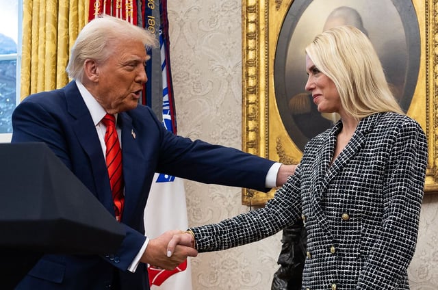 President Donald Trump congratulates Pam Bondi after she was sworn in as US Attorney General in the Oval Office at the White House in Washington, DC, on February 5.