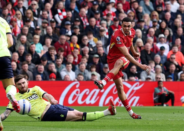 Soccer Football - Premier League - Liverpool v Southampton - Anfield, Liverpool, Britain - March 8, 2025 Liverpool's Trent Alexander-Arnold shoots at goal REUTERS/Phil Noble/File Photo