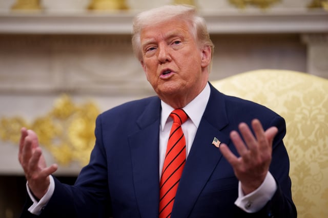 President Donald Trump speaks during a meeting with NATO Secretary General Mark Rutte in the Oval Office of the White House on March 13, 2025 in Washington, DC.